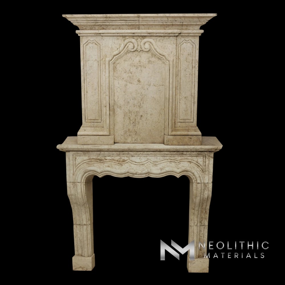 Limestone Fireplace Mantel with Trumeaus Over Mantel