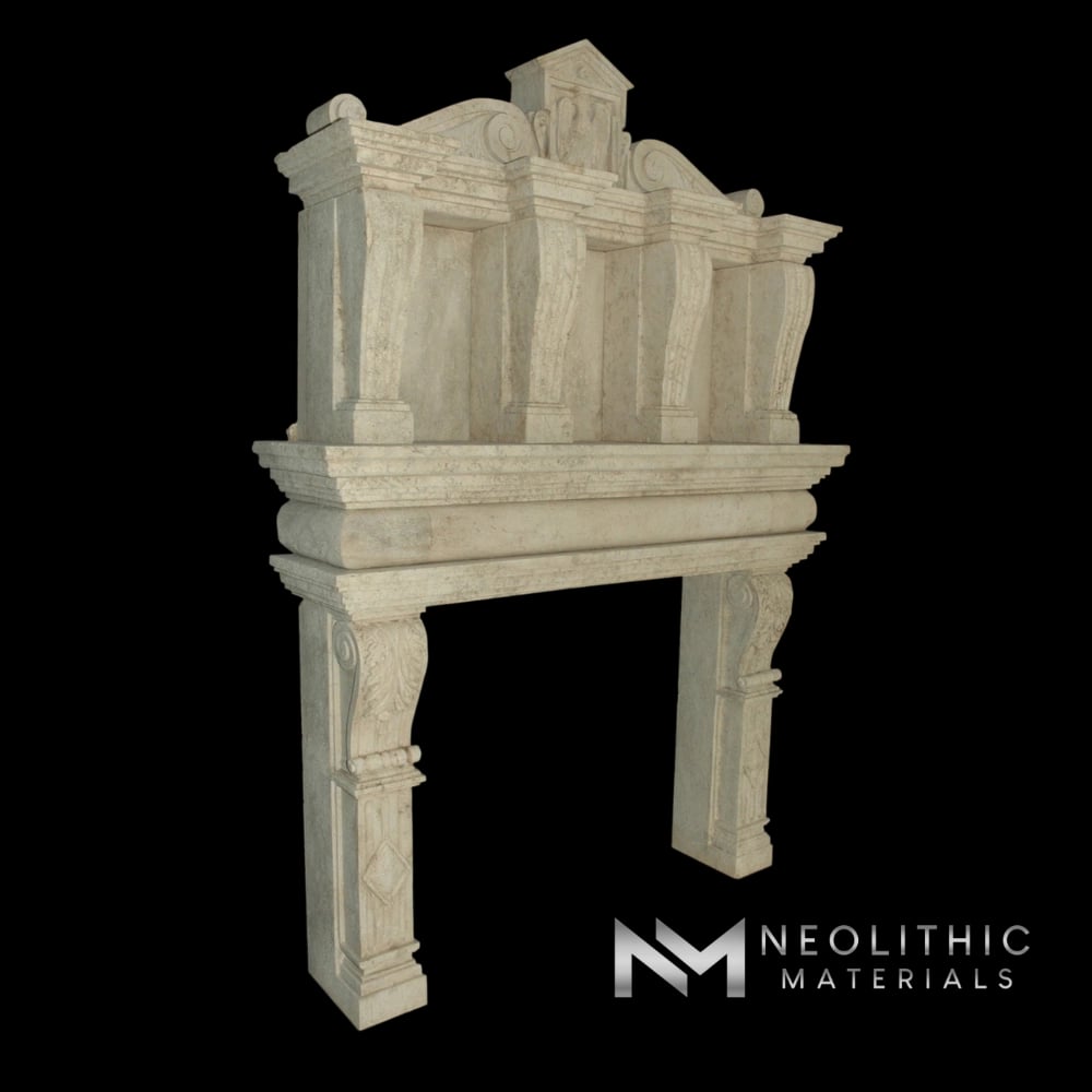 Limestone Fireplace Mantel with Trumeaus Over Mantel