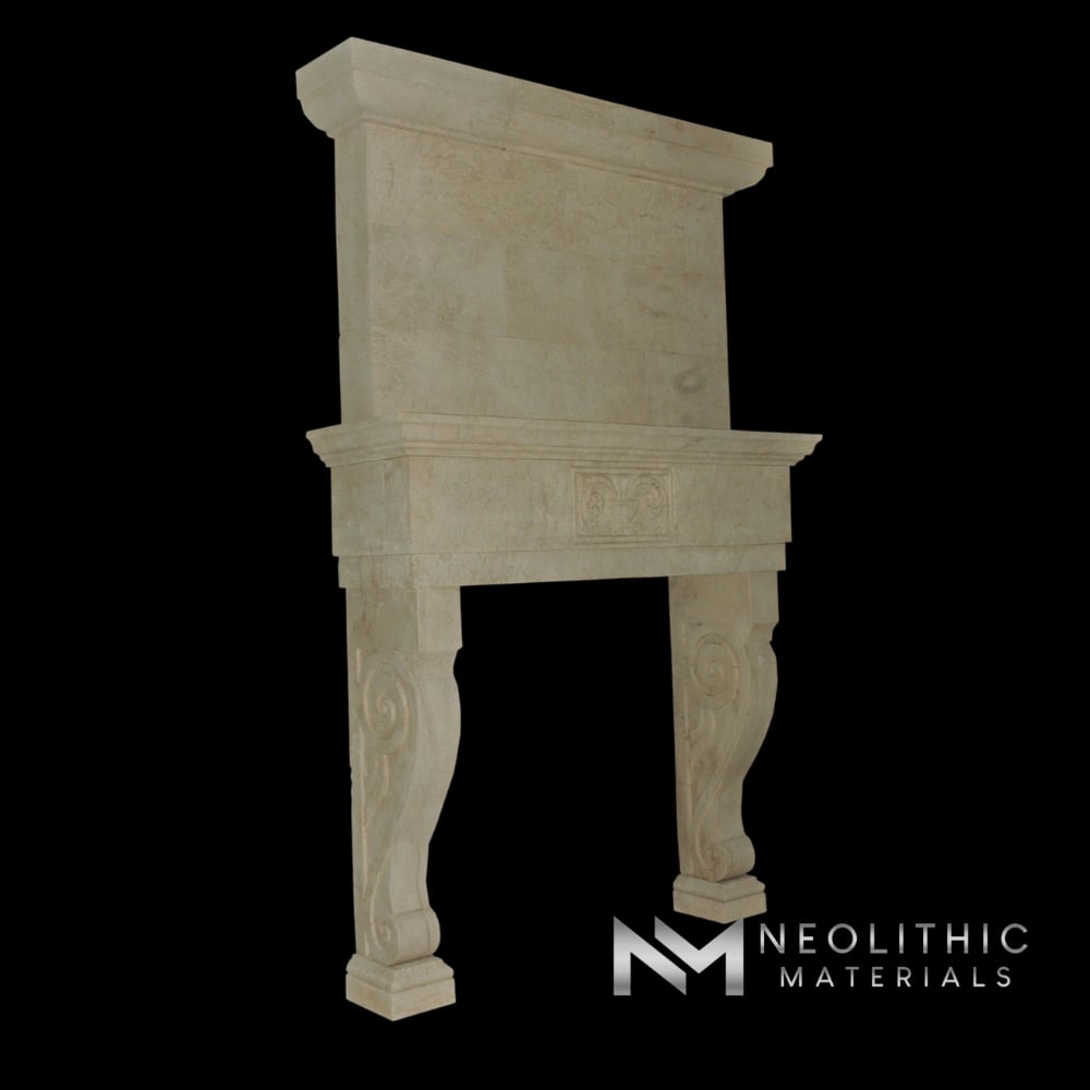 Limestone Fireplace Mantel with Trumeaus Over Mantel