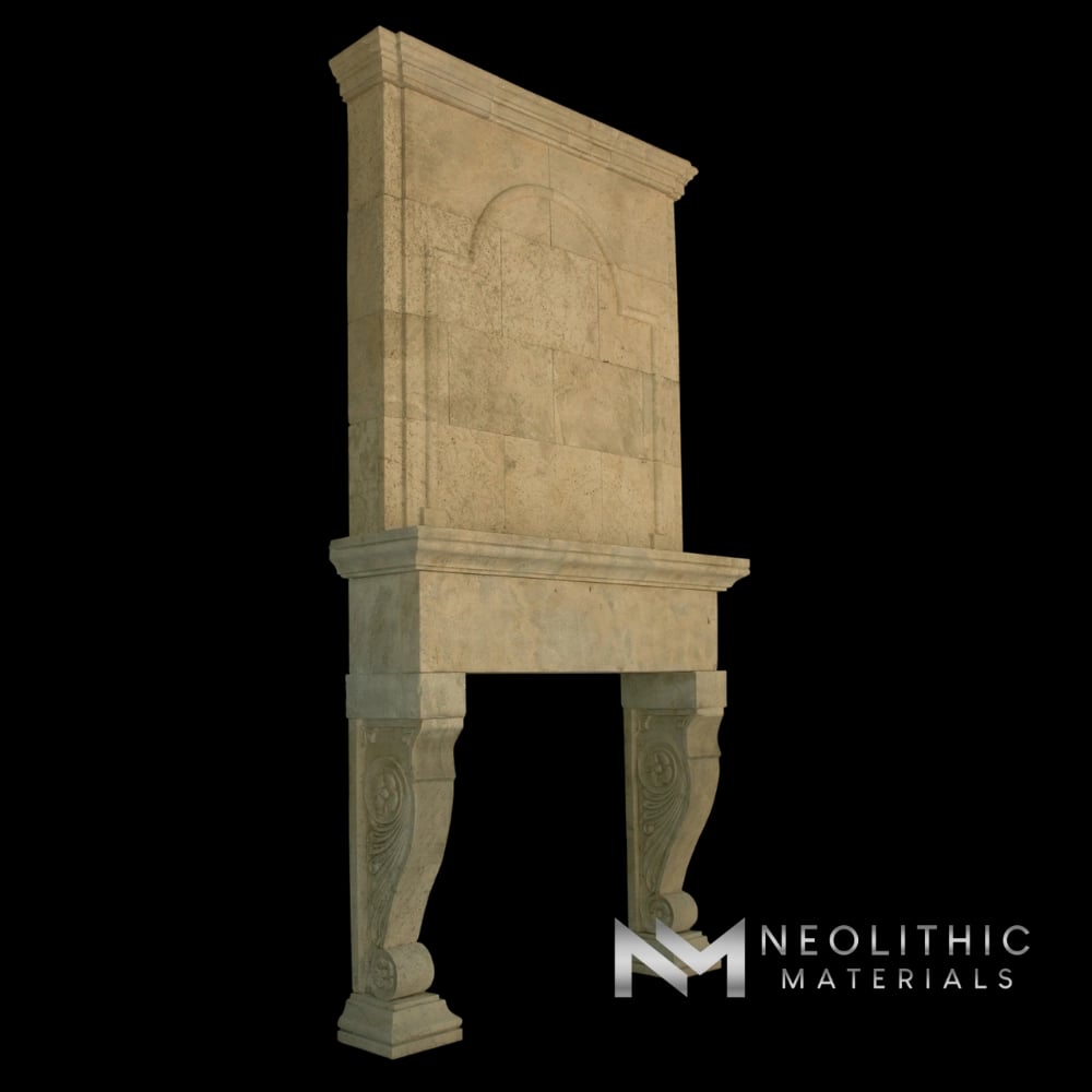 Limestone Fireplace Mantel with Trumeaus Over Mantel