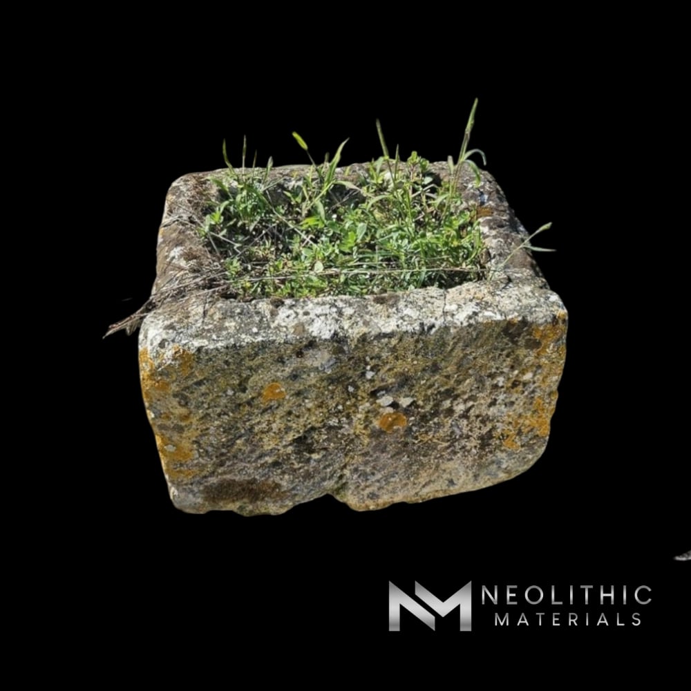 Trough FL101-04.M weathered rectangular stone garden basin filled with small green plants resting on a wooden pallet under bright daylight.