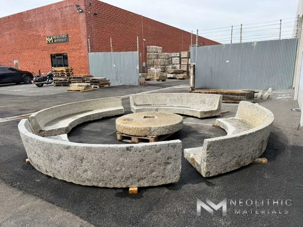 Antique Granite Bench Set with  Antique Limestone Mill